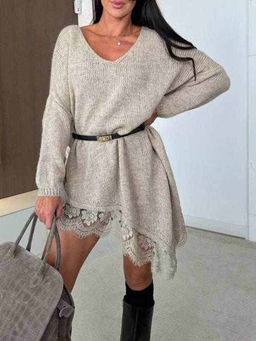 Clidress O Neck Lace Trim Asymmetrical Sweater