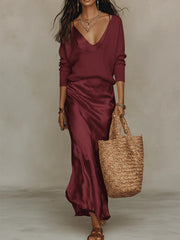 Clidress Knitting Top & Satin Dress 2 Pieces Set