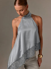 Clidress Button Neck Lace Patchwork Irregular Top 11 Colors-5 Size