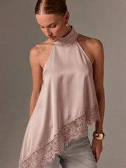 Clidress Button Neck Lace Patchwork Irregular Top 11 Colors-5 Size