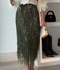 Clidress Feather Shirt Tassel Skirt Set