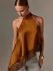 Clidress Button Neck Lace Patchwork Irregular Top 11 Colors-5 Size