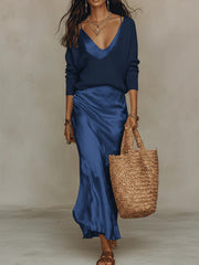 Clidress Knitting Top & Satin Dress 2 Pieces Set