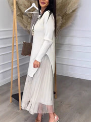 Clidress Irregular Sweater Mesh Pleated Dress Set