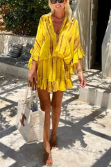 Clidress Boho V Neck Bat Sleeve Ruffled Mini Dress