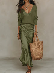 Clidress Knitting Top & Satin Dress 2 Pieces Set