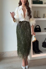 Clidress Feather Shirt Tassel Skirt Set