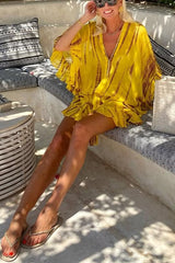 Clidress Boho V Neck Bat Sleeve Ruffled Mini Dress