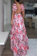 Clidress Boho Chiffon Ruffled Printed Dress