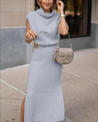 Clidress Knitting Pile Collar Top & Skirt Set