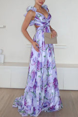 Clidress Boho Chiffon Ruffled Printed Dress