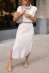 Clidress Knitting Pile Collar Top & Skirt Set