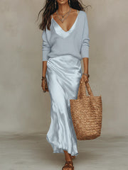Clidress Knitting Top & Satin Dress 2 Pieces Set
