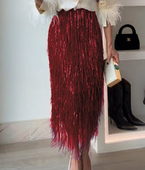 Clidress Feather Shirt Tassel Skirt Set