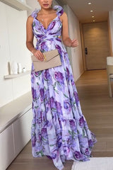 Clidress Boho Chiffon Ruffled Printed Dress