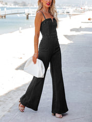 Clidress Spaghetti Straps Notch V Denim Jumpsuit