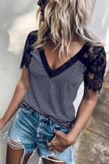 Clidress Lace Sleeve Striped T-shirt