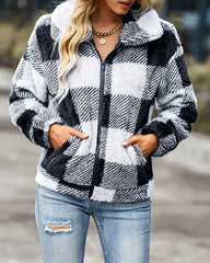 Clidress Zip Up Polar Soft Fleece Gingham Coat Jacket