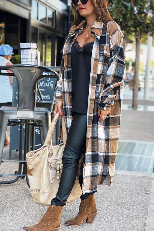 Clidress New Fashion Plaid Long Woolen Coat