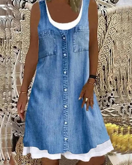 Clidress Denim Look Print Fake Two Piece Mini Dress