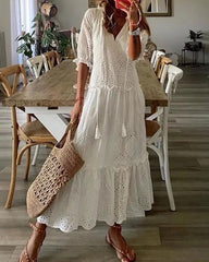 Clidress Soft Cotton Hollow Out Mid Sleeve Maxi Dress
