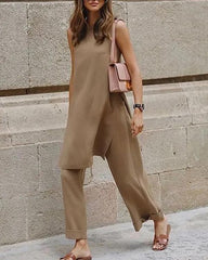 Clidress Cotton Linen Loose Top Wide Leg Pants Set