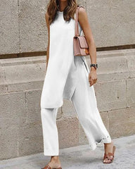 Clidress Cotton Linen Loose Top Wide Leg Pants Set