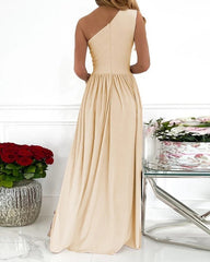 Clidress Oblique Shoulder High Split Maxi Dress