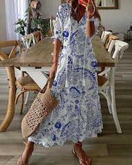 Clidress Soft Cotton Hollow Out Mid Sleeve Maxi Dress