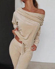Clidress Boat Neck Velvet 2 Pieces Set