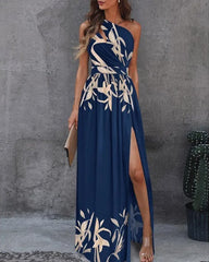 Clidress Oblique Shoulder High Split Maxi Dress
