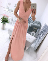 Clidress Boho V Neck Chiffon Maxi Dress