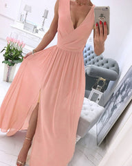 Clidress Boho V Neck Chiffon Maxi Dress