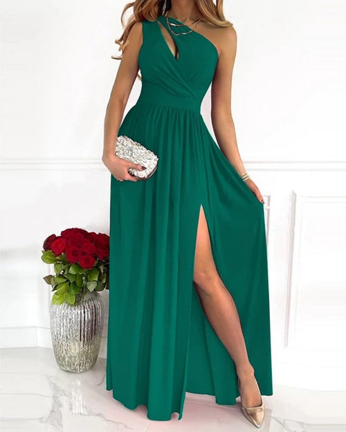 Clidress Oblique Shoulder High Split Maxi Dress