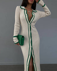 Clidress Lapel Button Down Knitting Long Shirt Dress