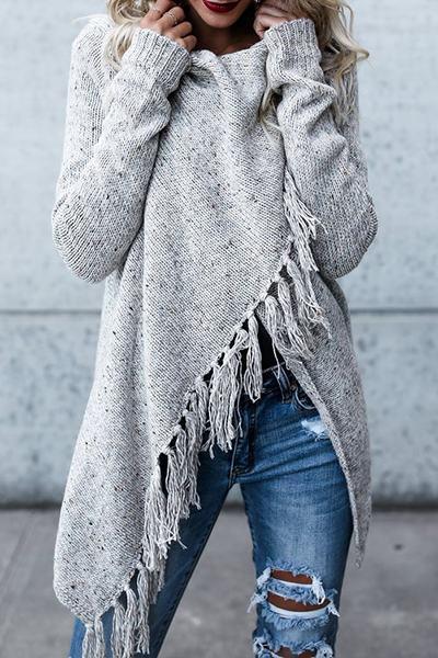 Clidress Cowl Neck Tassel Irregular Sweater