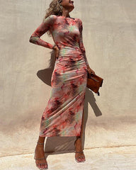 Clidress Floral Tie Dye Mesh Split Midi Dress