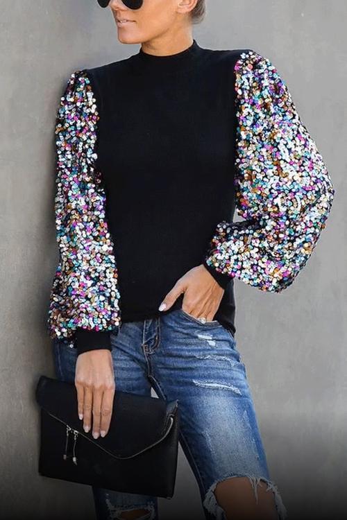 Clidress Colorful Sequins Sleeves Blouse