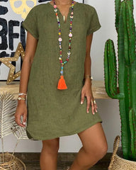 Clidress Simple V Neck Linen Mini Dress