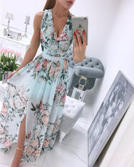 Clidress Boho Flower V Neck Chiffon Maxi Dress