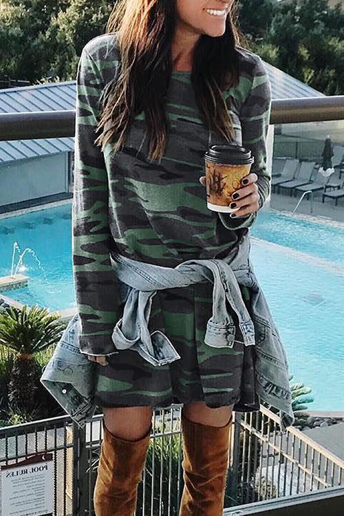 Clidress Camouflage Print Knee Length Straight Dress
