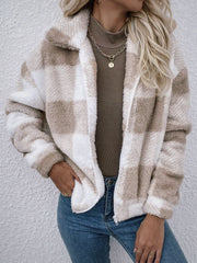 Clidress Zip Up Polar Soft Fleece Gingham Coat Jacket