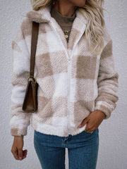 Clidress Zip Up Polar Soft Fleece Gingham Coat Jacket