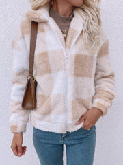 Clidress Zip Up Polar Soft Fleece Gingham Coat Jacket