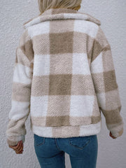 Clidress Zip Up Polar Soft Fleece Gingham Coat Jacket