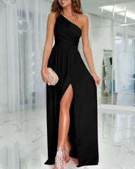 Clidress One Shoulder High Split Maxi Dress