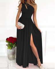 Clidress Oblique Shoulder High Split Maxi Dress