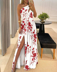 Clidress Oblique Shoulder High Split Maxi Dress