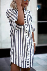 Clidress Striped Vintage Button Up Shirt Dress