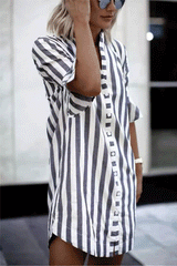 Clidress Striped Vintage Button Up Shirt Dress
